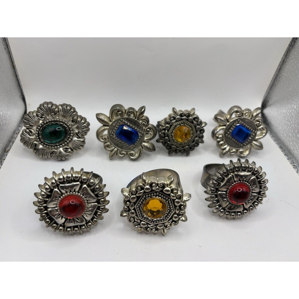 Godinger Silver Napkins Ring Set Lot Of 7- Jeweled Multicolor Tarnished!
